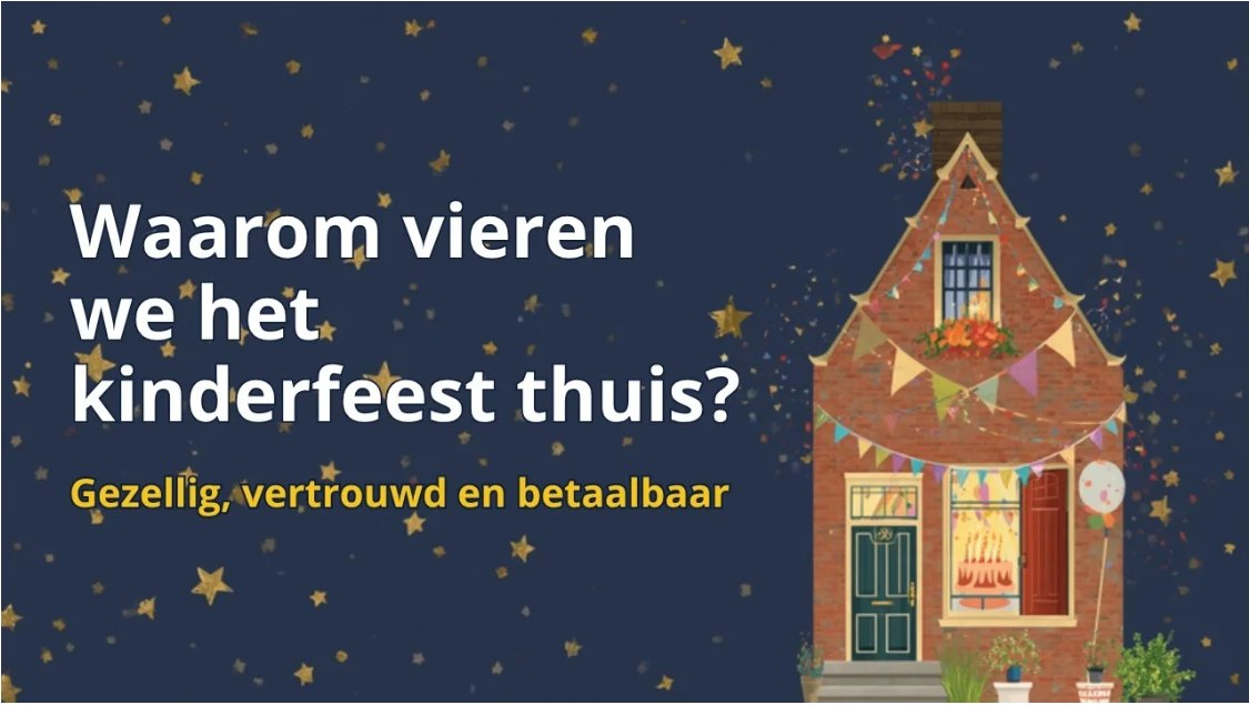 Illustratie: versierd Nederlands huis met vlaggetjes onder een sterrenhemel