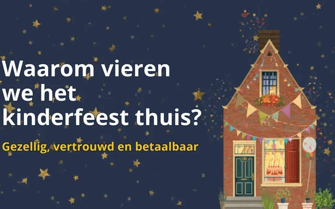 Waarom vieren we het kinderfeest thuis? Versierd Hollands huisje met slingers en een verjaardagstaart in het raam