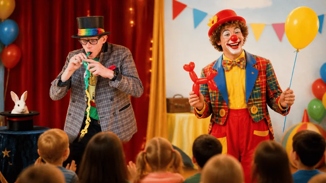 Kindergoochelaar Lange Jan tovert een lange papieren slinger uit zijn mond naast een clown op een kinderfeestje